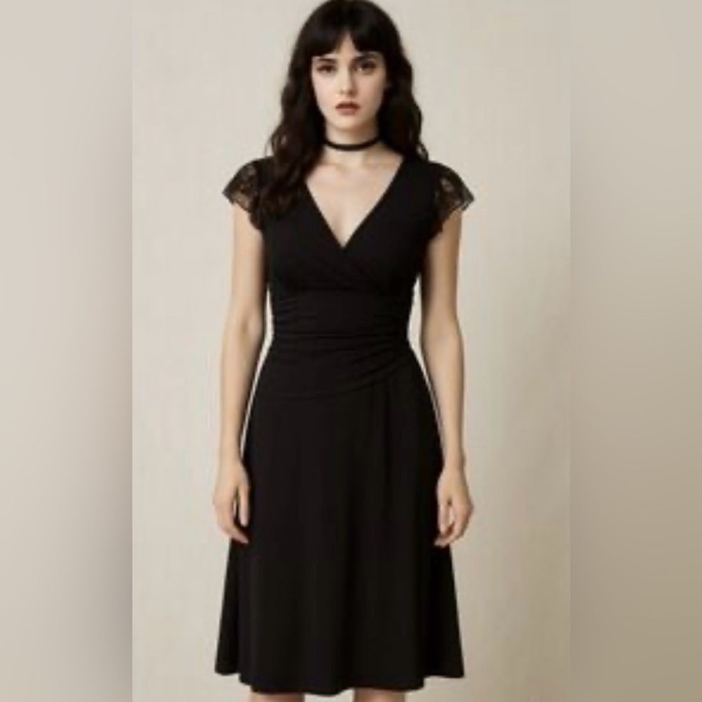 Moda International Black Lace Cap Sleeve‎ Midi Dress Size M